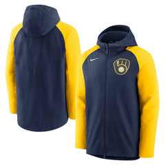 Milwaukee Brewers Nike Authentic Collection Performance Raglan Full-Zip Hoodie - Navy/Gold Hoodies
