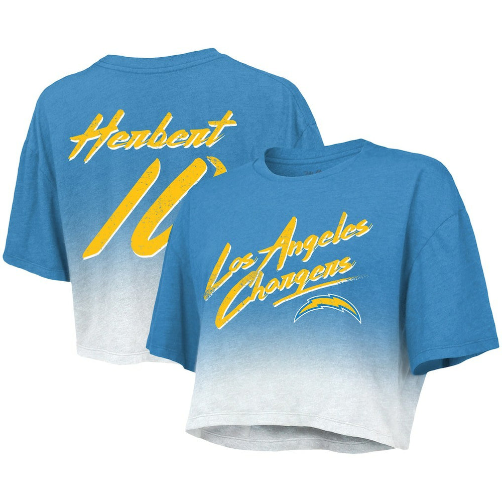 Justin Herbert Los Angeles Chargers Majestic Threads Women's Dip-Dye Player Name & Number Crop Top - Powder Blue/White Tops