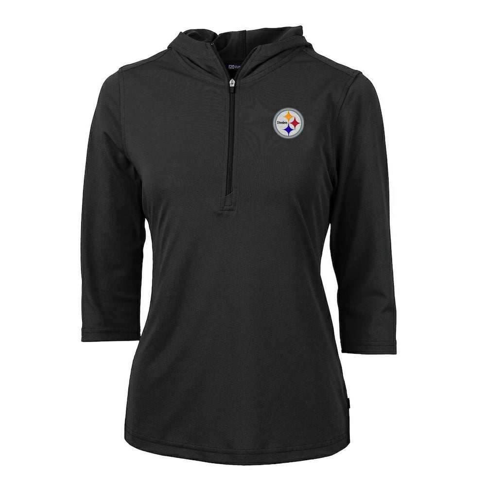 Pittsburgh Steelers Cutter & Buck Women's Virtue Eco Pique Half-Zip 3/4 Sleeve Pullover Hoodie - Black Hoodies