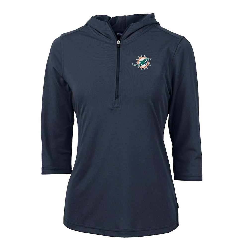 Miami Dolphins Cutter & Buck Women's Virtue Eco Pique Half-Zip 3/4 Sleeve Pullover Hoodie - Navy Hoodies