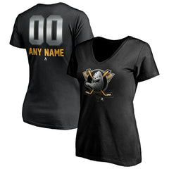Anaheim Ducks Women's Personalized Midnight Mascot Logo V-Neck T-Shirt - Black | US 4444436