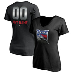 New York Rangers Women's Personalized Midnight Mascot Logo V-Neck T-Shirt - Black | US 4444453