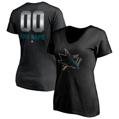 San Jose Sharks Women's Personalized Midnight Mascot Logo V-Neck T-Shirt - Black | US 4444456