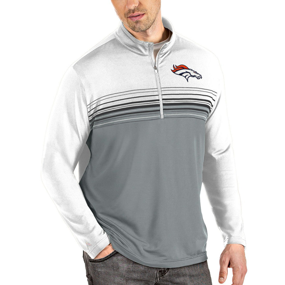 Denver Broncos Antigua Pace Quarter-Zip Pullover Jacket - White/Gray Pullover