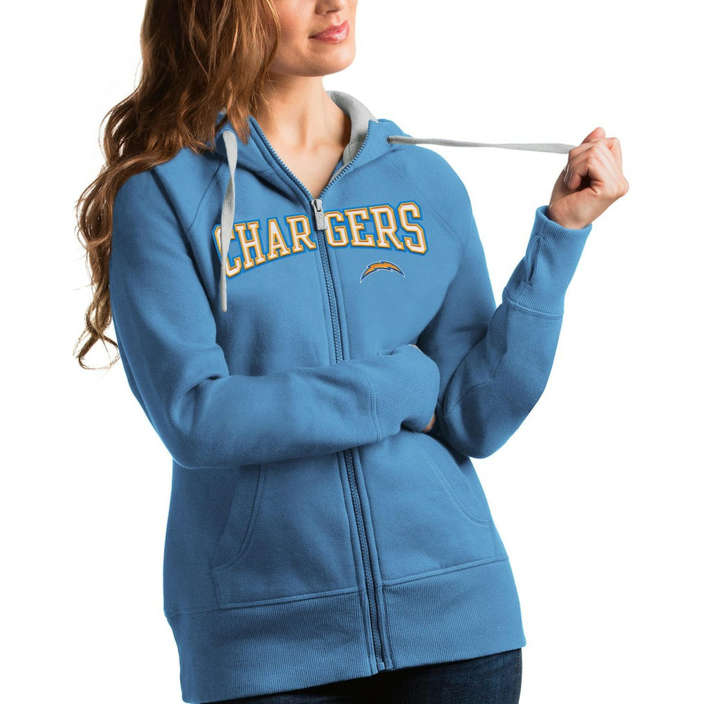 Los Angeles Chargers Antigua Women's Wordmark Victory Full-Zip Hoodie - Powder Blue Hoodies