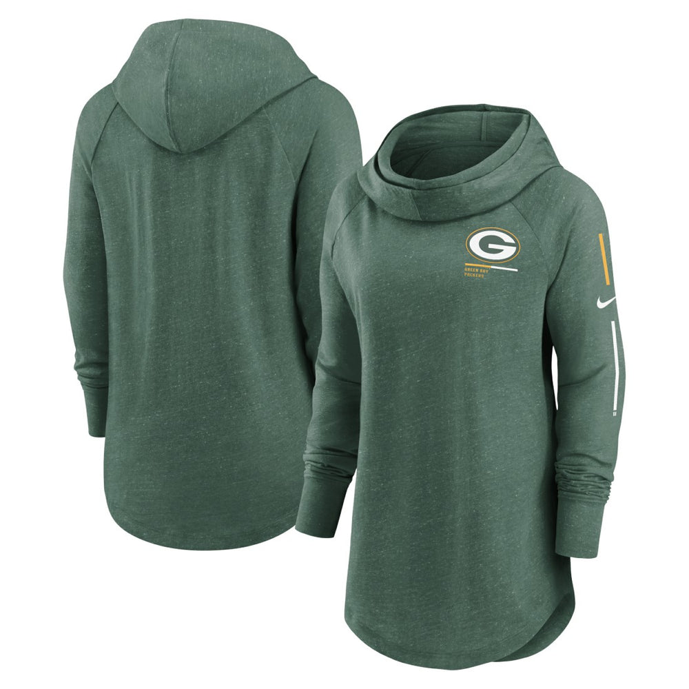 Green Bay Packers Women's Minimal Statement Lightweight Raglan Funnel Neck Pullover Hoodie - Heather Green Hoodies
