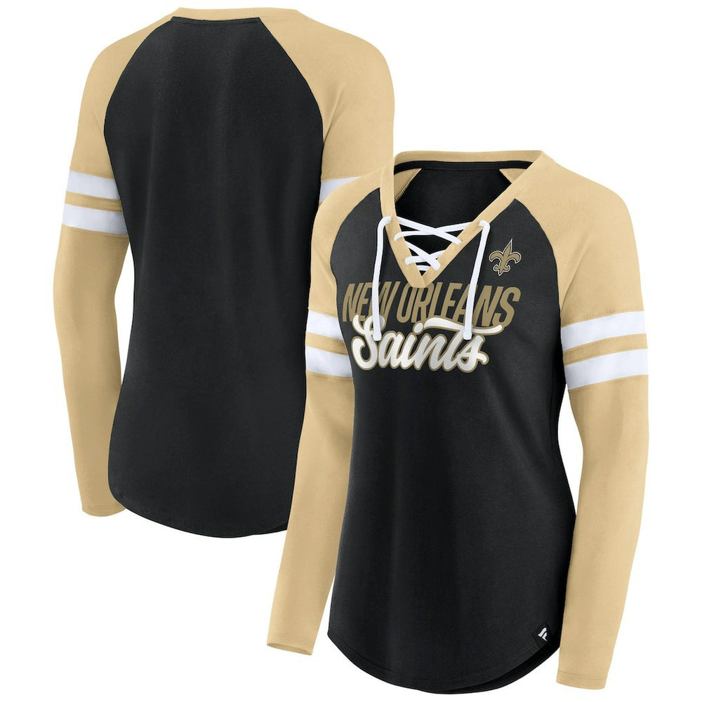 New Orleans Saints Women's True to Form Raglan Lace-Up V-Neck Long Sleeve T-Shirt - Black/Gold T-shirts