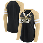 New Orleans Saints Women's True to Form Raglan Lace-Up V-Neck Long Sleeve T-Shirt - Black/Gold T-shirts
