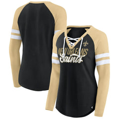 New Orleans Saints Women's True to Form Raglan Lace-Up V-Neck Long Sleeve T-Shirt - Black/Gold T-shirts