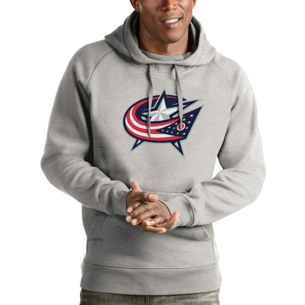 Columbus Blue Jackets Antigua Logo Victory Pullover Hoodie - Heathered Gray | US 4571963
