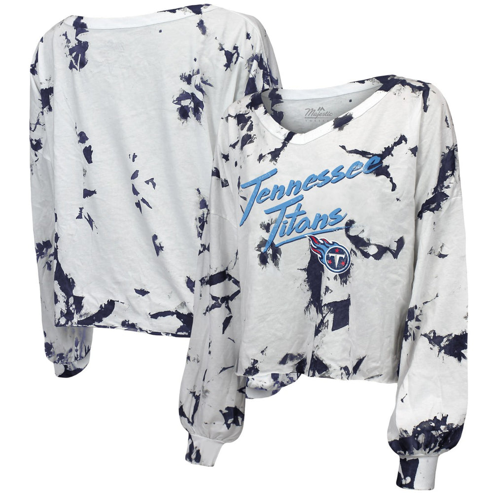 Tennessee Titans Majestic Threads Women's Off-Shoulder Tie-Dye V-Neck Long Sleeve T-Shirt - White/Navy T-shirts