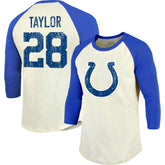 Jonathan Taylor Indianapolis Colts Majestic Threads Vintage Player Name & Number Raglan 3/4-Sleeve T-Shirt - Cream/Royal T-shirts