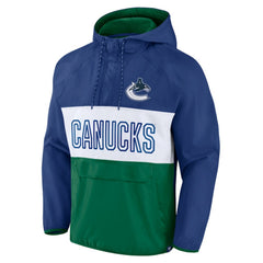 Vancouver Canucks Fanatics Backhand Shooter Defender Anorak Raglan Hoodie Quarter-Zip Jacket - Blue/Green | US 4641674