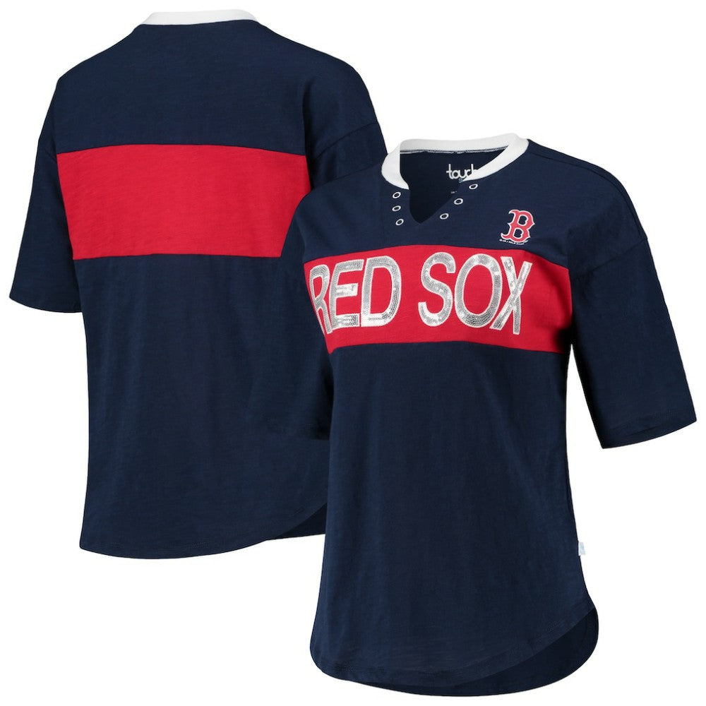 Boston Red Sox Touch Women's Lead Off Notch Neck T-Shirt - Navy/Red T-shirts