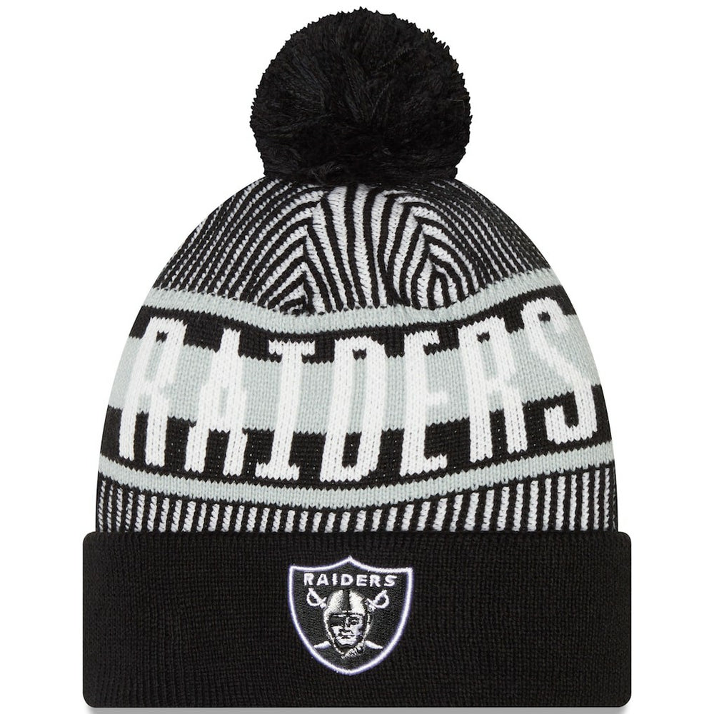 Las Vegas Raiders New Era Striped Cuffed Knit Hat with Pom - Black Hats