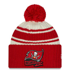 Tampa Bay Buccaneers New Era 2022 Sideline Sport Cuffed Pom Knit Hat - Cream/Red Hats