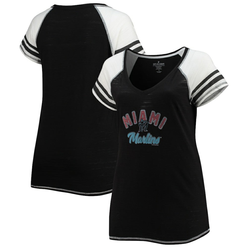 Miami Marlins Soft as a Grape Women's Curvy Color Block Tri-Blend Raglan V-Neck T-Shirt - Black T-shirts