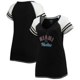 Miami Marlins Soft as a Grape Women's Curvy Color Block Tri-Blend Raglan V-Neck T-Shirt - Black T-shirts