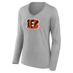 Cincinnati Bengals Women's Primary Team Logo Long Sleeve V-Neck T-Shirt - Heather Gray T-shirts