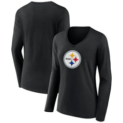 Pittsburgh Steelers Women's Primary Team Logo Long Sleeve V-Neck T-Shirt - Black T-shirts
