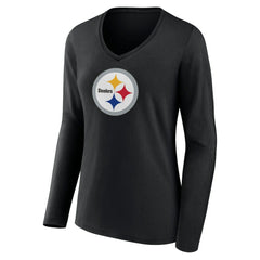 Pittsburgh Steelers Women's Primary Team Logo Long Sleeve V-Neck T-Shirt - Black T-shirts