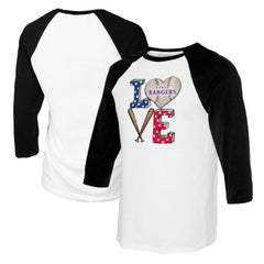 Texas Rangers Tiny Turnip Women's Baseball Love Raglan 3/4-Sleeve T-Shirt - White/Black T-shirts
