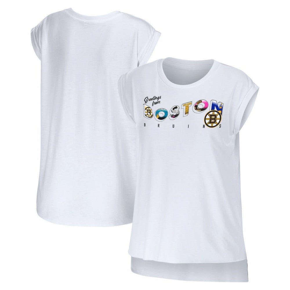Boston Bruins WEAR by Erin Andrews Women's Greetings From Muscle T-Shirt - White | US 4762621