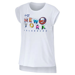 New York Islanders WEAR by Erin Andrews Women's Greetings From Muscle T-Shirt - White | US 4762632