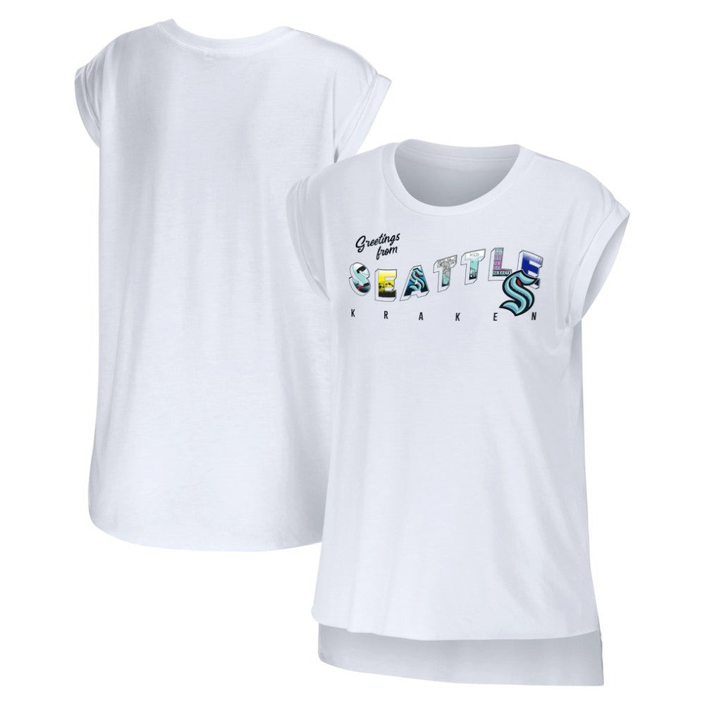Seattle Kraken WEAR by Erin Andrews Women's Greetings From Muscle T-Shirt - White | US 4762638