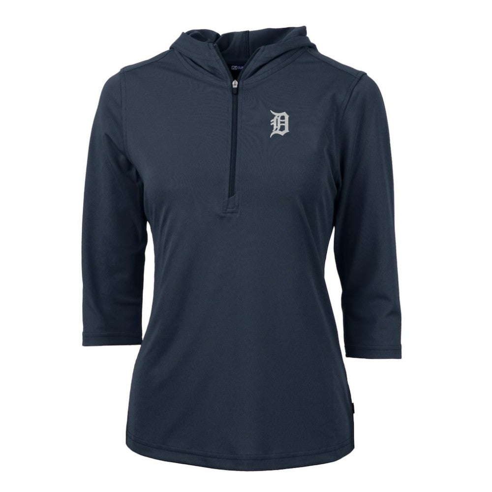 Detroit Tigers Cutter & Buck Women's Virtue Eco Pique 3/4 Sleeve Half-Zip Pullover Hoodie - Navy Hoodies