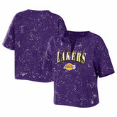 Los Angeles Lakers WEAR by Erin Andrews Women's Bleach Splatter Notch Neck T-Shirt Purple outlet
