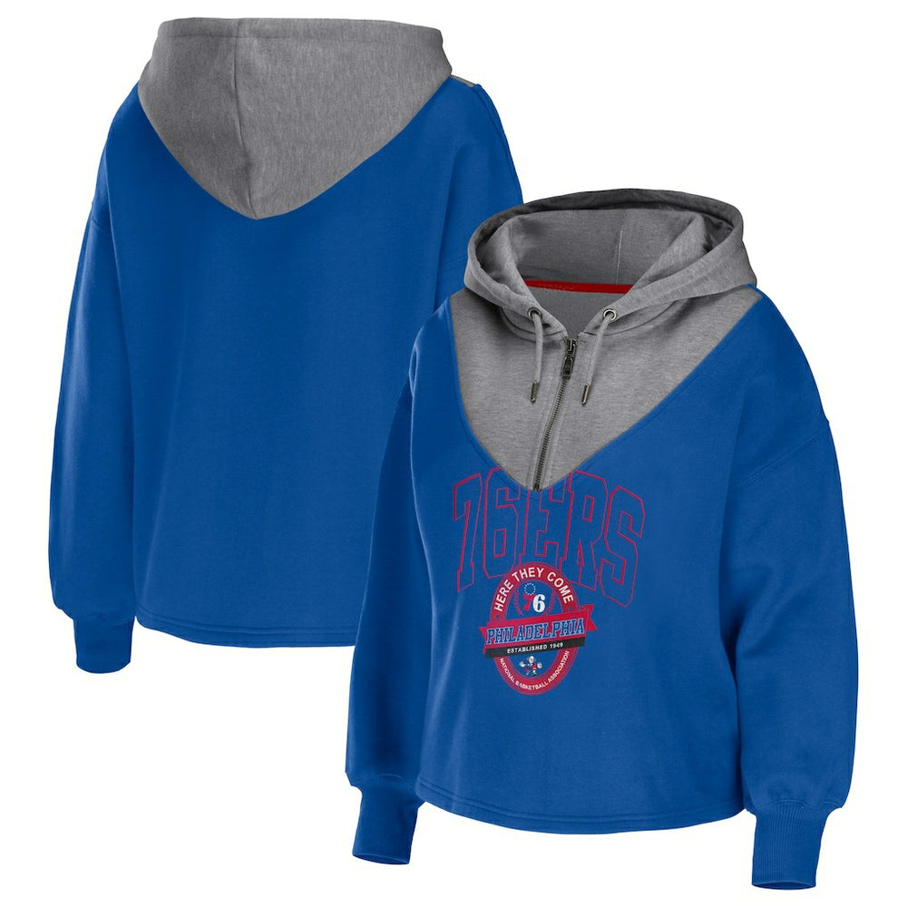 Philadelphia 76ers WEAR by Erin Andrews Women's Pieced Quarter-Zip Hoodie Jacket Royal outlet