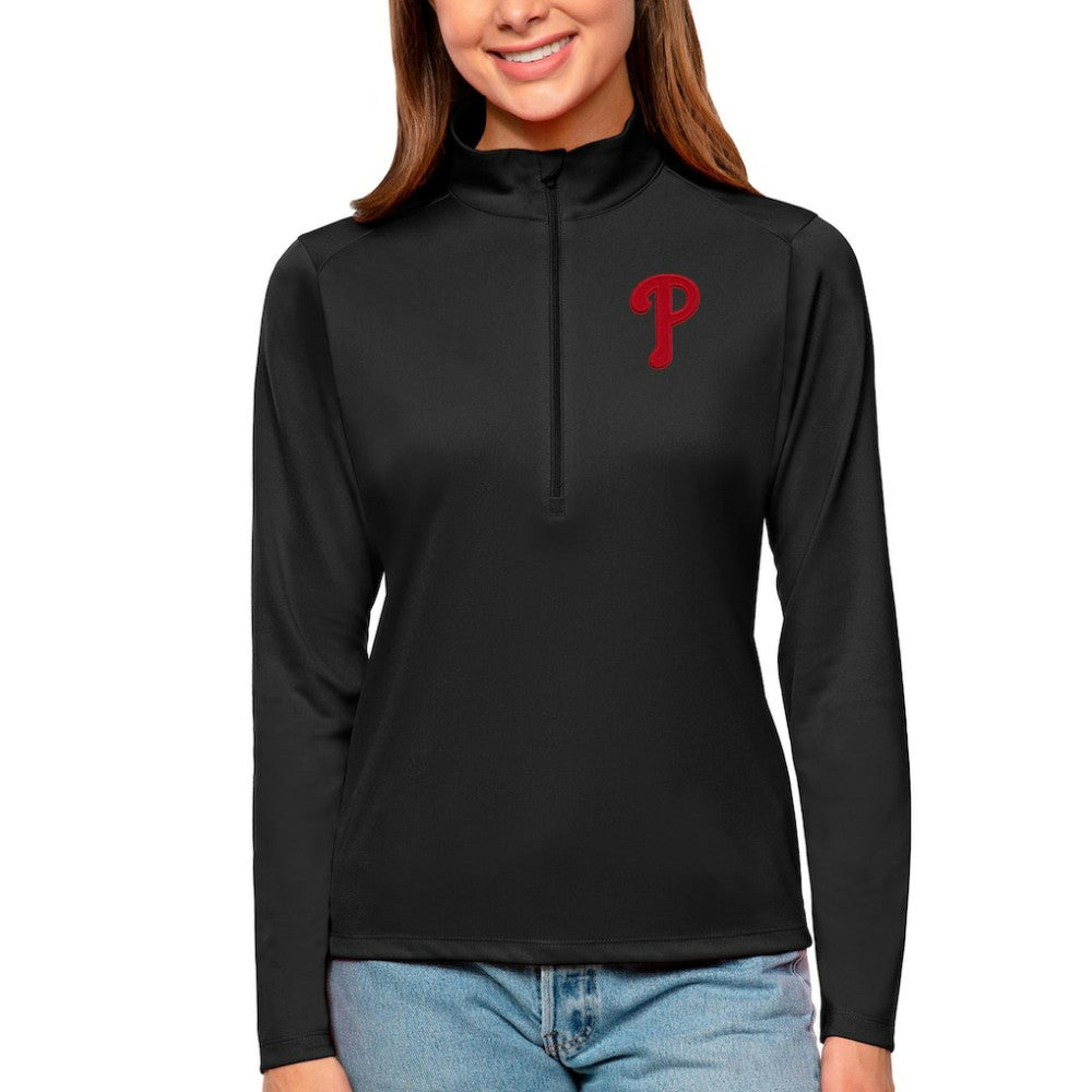 Philadelphia Phillies Antigua Women's Tribute Quarter-Zip Pullover Top - Black Pullover