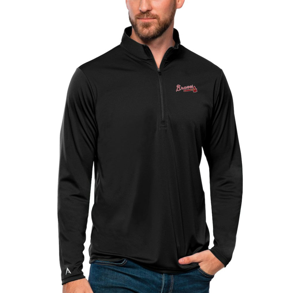 Atlanta Braves Antigua Tribute Quarter-Zip Pullover Top - Black Pullover