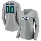 Seattle Seahawks Women's Team Authentic Custom Long Sleeve V-Neck T-Shirt - Gray T-shirts