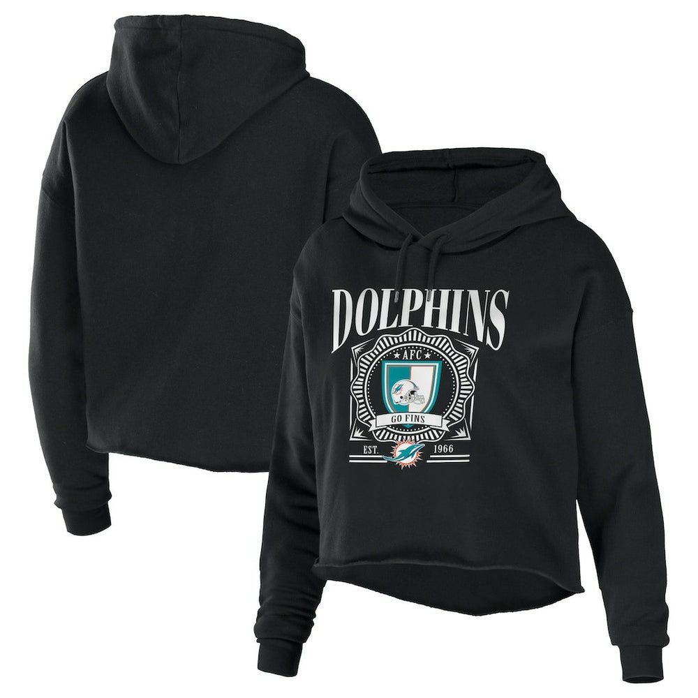 Miami Dolphins WEAR by Erin Andrews Women's Cropped Sponge Fleece Pullover Hoodie - Black Hoodies