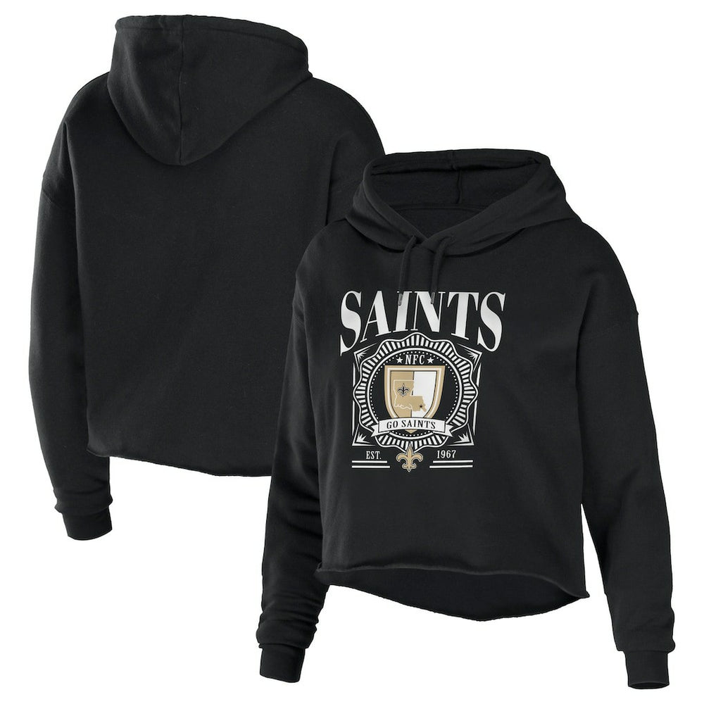 New Orleans Saints WEAR by Erin Andrews Women's Cropped Sponge Fleece Pullover Hoodie - Black Hoodies