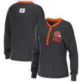 Cleveland Browns WEAR by Erin Andrews Women's Waffle Henley Long Sleeve T-Shirt - Charcoal T-shirts