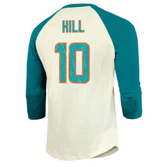 Tyreek Hill Miami Dolphins Majestic Threads Vintage Player Name & Number Raglan 3/4-Sleeve T-Shirt - Cream/Aqua T-shirts