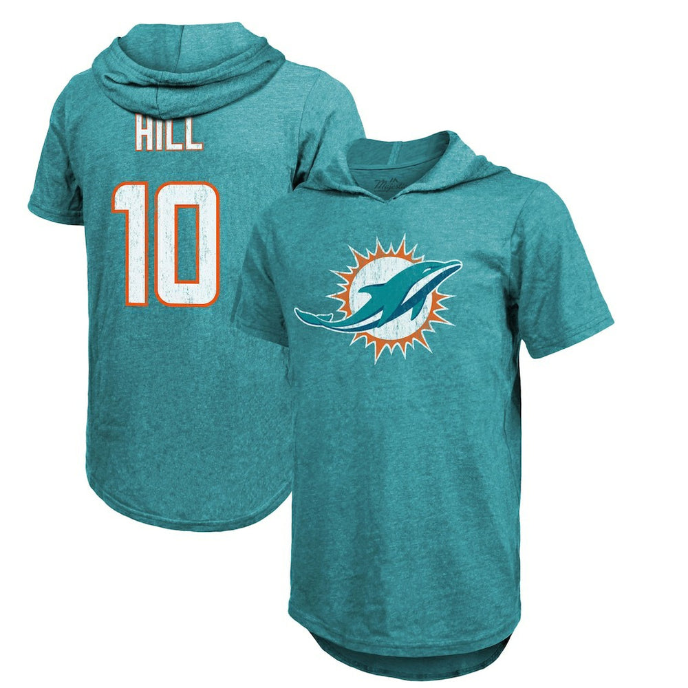 Tyreek Hill Miami Dolphins Majestic Threads Player Name & Number Short Sleeve Hoodie T-Shirt - Aqua Hoodies