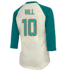 Tyreek Hill Miami Dolphins Majestic Threads Vintage Player Name & Number Raglan 3/4-Sleeve T-Shirt - Cream/Aqua T-shirts