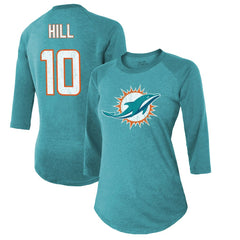 Tyreek Hill Miami Dolphins Majestic Threads Women's Name & Number Raglan 3/4 Sleeve T-Shirt - Aqua T-shirts