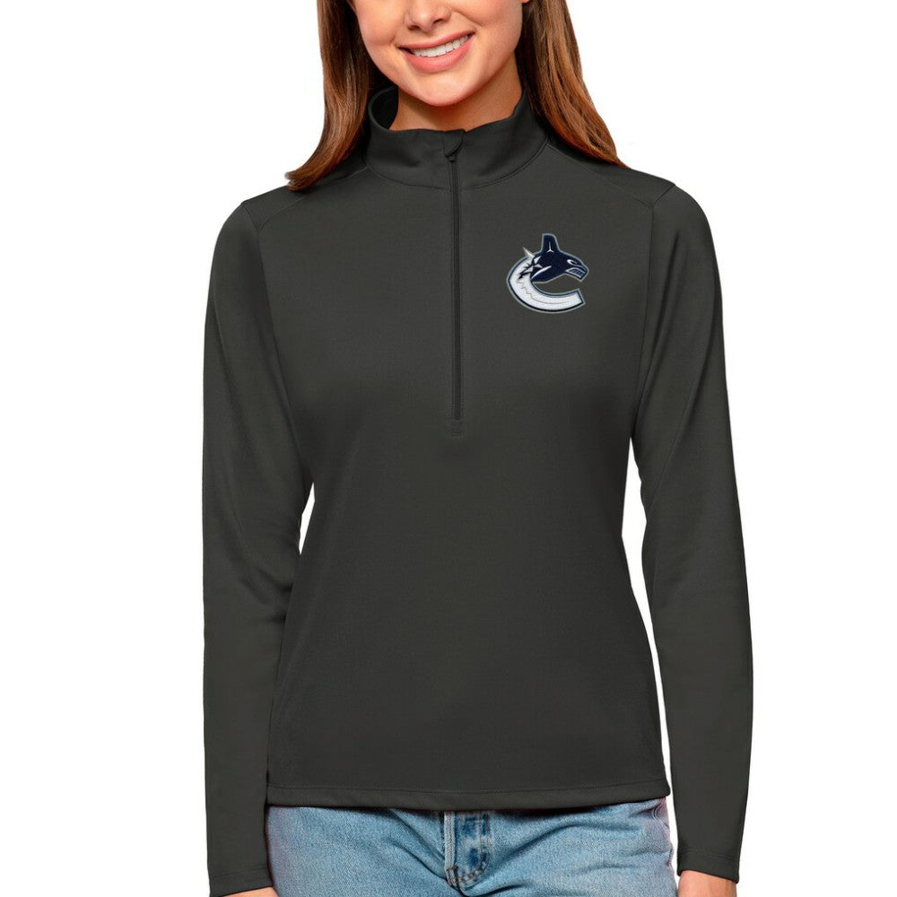 Vancouver Canucks Antigua Women's Tribute Quarter-Zip Pullover Top - Charcoal | US 4807657