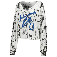 Jonathan Taylor Indianapolis Colts Majestic Threads Women's Off-Shoulder Tie-Dye Name & Number Cropped Long Sleeve V-Neck T-Shirt - White T-shirts