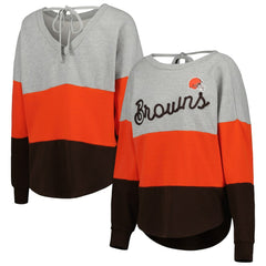 Cleveland Browns Touch Women's Outfield Deep V-Back Waist Length Pullover Sweatshirt - Heather Gray/Brown Pullover