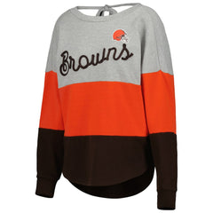 Cleveland Browns Touch Women's Outfield Deep V-Back Waist Length Pullover Sweatshirt - Heather Gray/Brown Pullover