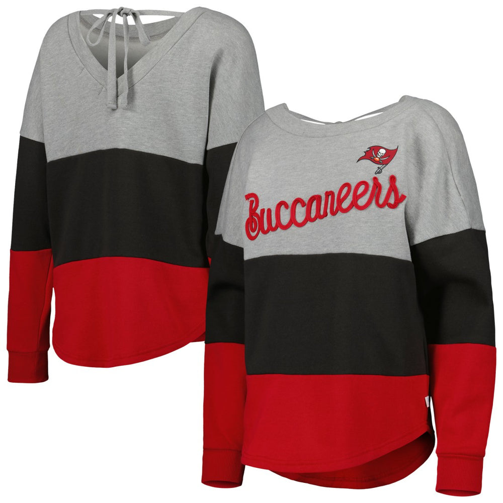 Tampa Bay Buccaneers Touch Women's Outfield Deep V-Back Waist Length Pullover Sweatshirt - Heather Gray/Red Pullover