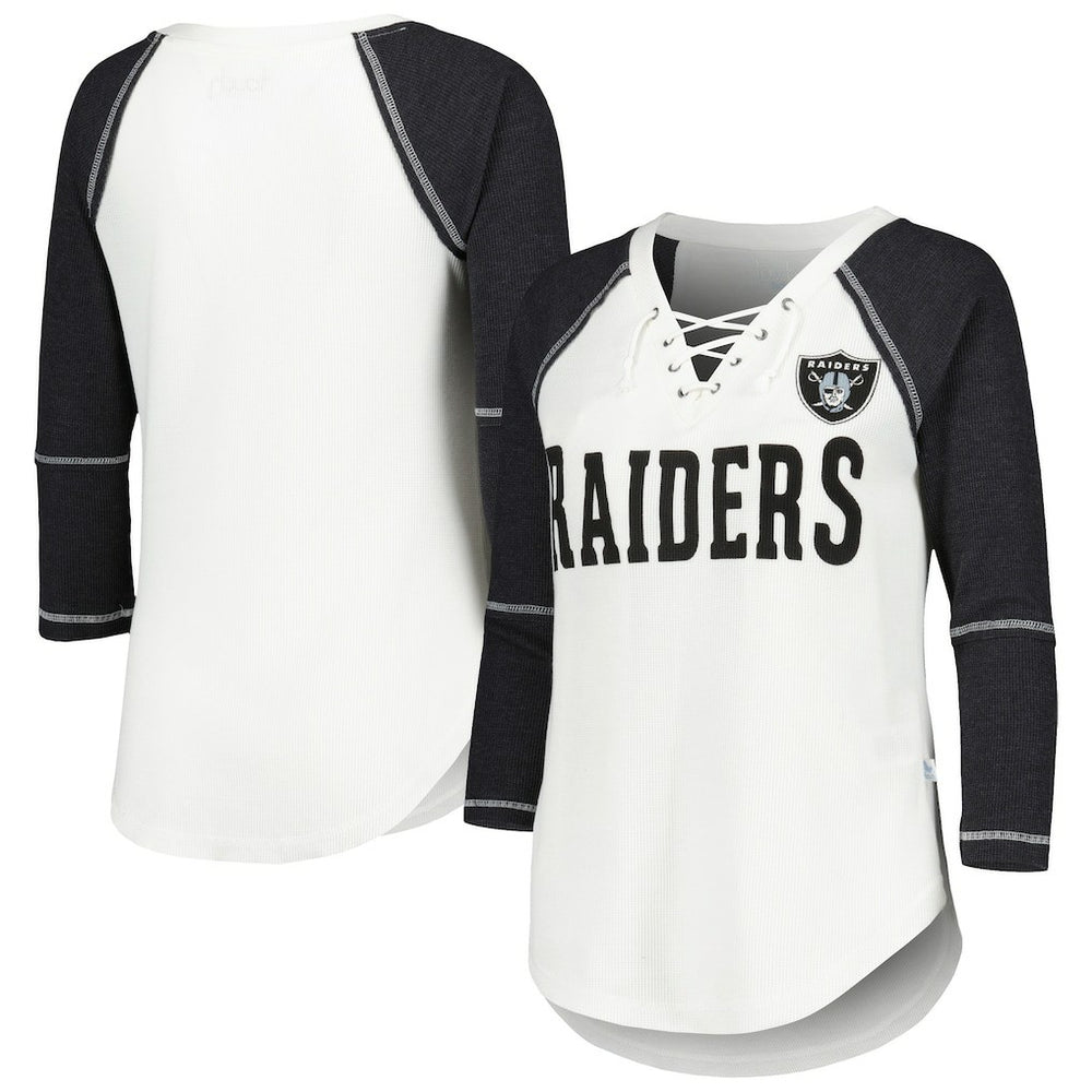 Las Vegas Raiders Touch Women's Rebel Raglan Tri-Blend 3/4-Sleeve Lace-Up V-Neck T-Shirt - White/Black T-shirts