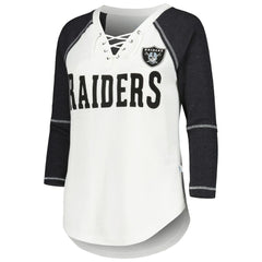 Las Vegas Raiders Touch Women's Rebel Raglan Tri-Blend 3/4-Sleeve Lace-Up V-Neck T-Shirt - White/Black T-shirts