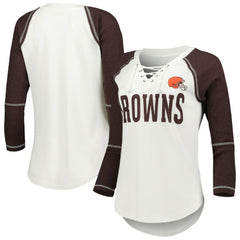 Cleveland Browns Touch Women's Rebel Raglan Tri-Blend 3/4-Sleeve Lace-Up V-Neck T-Shirt - White/Brown T-shirts